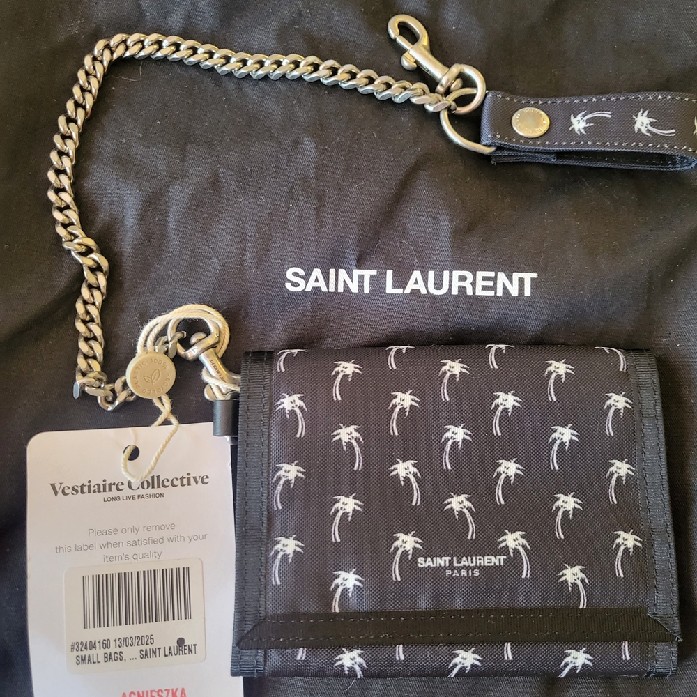 Saint Laurent Black Wallet with White Palm Tree Print and Silver Chain
